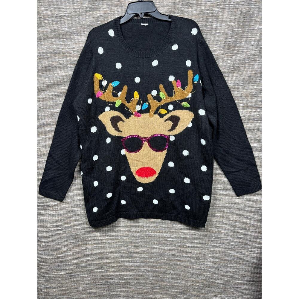VTG Holiday Time Cool Reindeer Knit Sweater Womens Size XXL Black Pullover